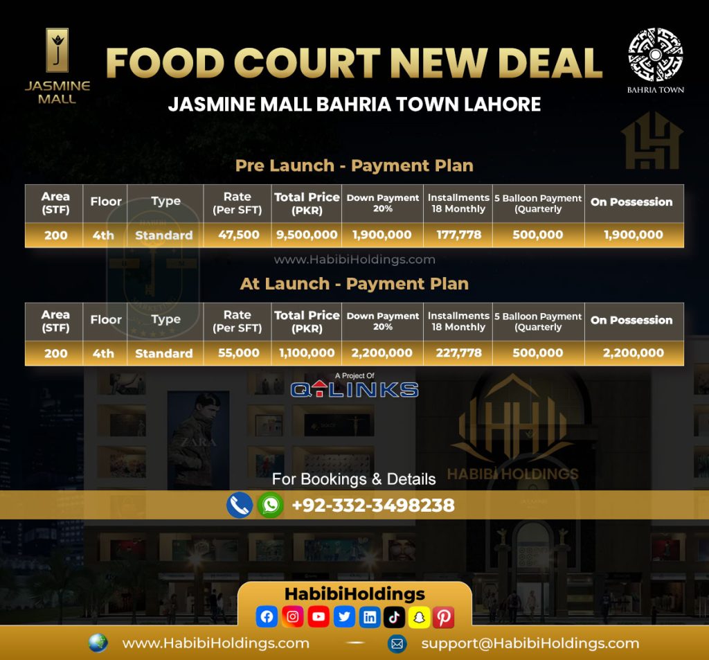 Jasmine Mall Food Court Payment Plan Bahria Town Lahore